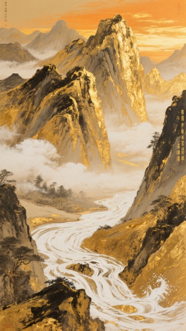 全景构图，一幅融合宋代山水画意境的金色泼墨长卷，以厚重的油画质感笔触构筑出层叠起伏的山峦轮廓，温暖的橙金色霞光从右上方向左下方流淌，在主峰的岩石肌理上形成明亮的高光与深沉的阴影对比，粗犷有力的笔触中暗藏江河蜿蜒的白色脉络，浪花以刮痕效果呈现出飞溅的动态，云海以朦胧的金白渐变铺陈于山谷间，整体画面呈现出"青山遮不住，毕竟东流去"的东方哲学意境，色调由顶至底从耀眼的金箔色过渡到温润的象牙白，肌理间……预览效果