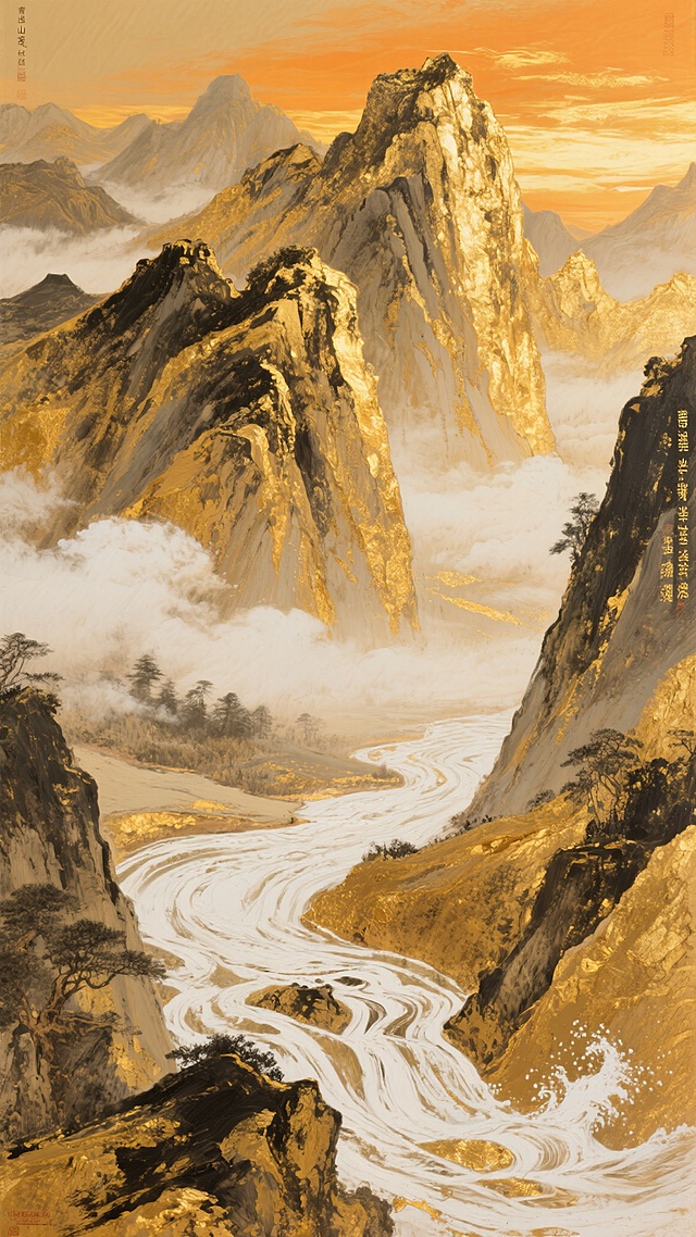 全景构图，一幅融合宋代山水画意境的金色泼墨长卷，以厚重的油画质感笔触构筑出层叠起伏的山峦轮廓，温暖的橙金色霞光从右上方向左下方流淌，在主峰的岩石肌理上形成明亮的高光与深沉的阴影对比，粗犷有力的笔触中暗藏江河蜿蜒的白色脉络，浪花以刮痕效果呈现出飞溅的动态，云海以朦胧的金白渐变铺陈于山谷间，整体画面呈现出"青山遮不住，毕竟东流去"的东方哲学意境，色调由顶至底从耀眼的金箔色过渡到温润的象牙白，肌理间可见刻意保留的颜料堆积与刮擦痕迹，构成既奢华大气又充满自然韵律的视觉交响。