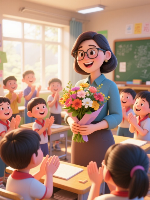 阳光洒满午后的教室，戴着眼镜的中国女老师开心地捧着学生送来的鲜花，学生围在老师身边，带着感激之情，面带微笑，拍手，暖色调预览效果