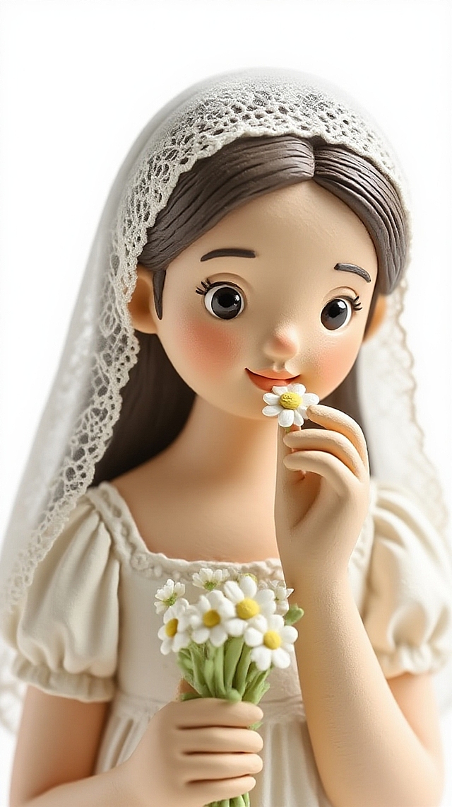 甜美卡通风格，软3D粘土风设计，少女轻嗅雏菊，尽显温柔与纯真。