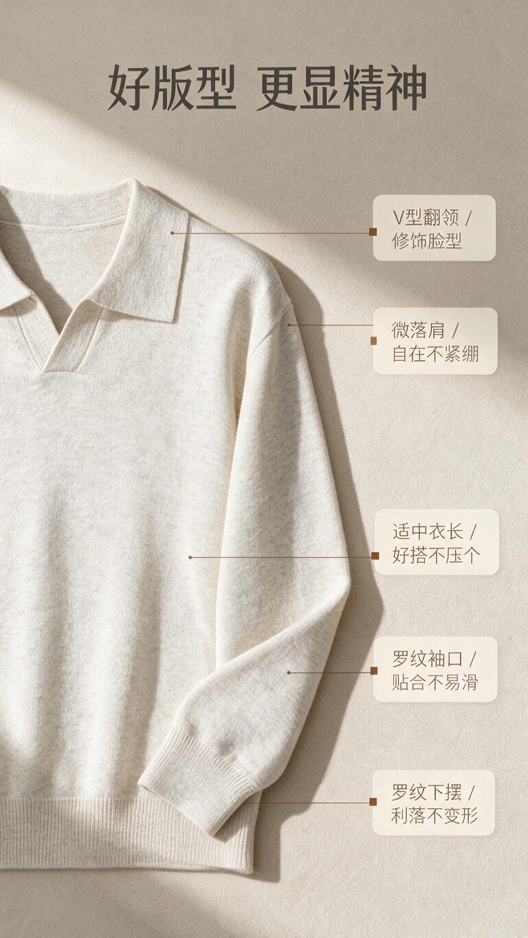 [商品] 使用【图1】米白色V型翻领针织polo衫；商品处理：… - 图片创意预览
