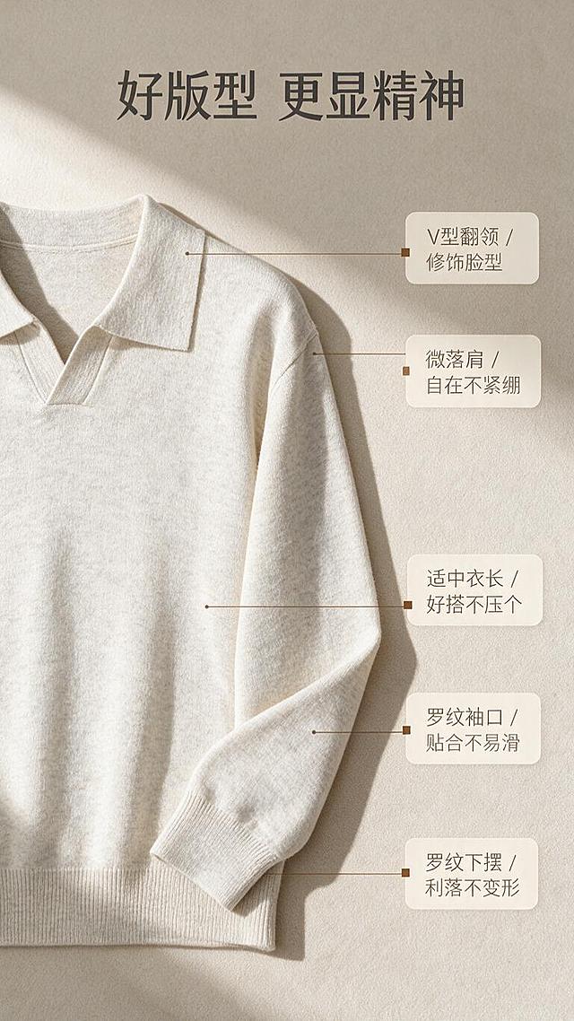 [商品] 使用【图1】米白色V型翻领针织polo衫；商品处理：保留翻领、V型领口、长袖、罗纹袖口、罗纹下摆、米白花纱针织面料颜色和版型；自然去皱，增强针织纹理与缝线质感，不改变版型和结构。
[画面] 目标：版型解析页，展示结构与穿搭利益。构图：左侧为服装正面平铺全貌（占画面约55%），右侧及周围用引线标注关键部位；背景为浅米色哑光台面+柔和投影。从上到下依次标注翻领、肩线、衣长、袖口、下摆五个部位。
[视觉] 套系策略：风格=轻熟通勤高级商业摄影；标题字=现代无衬线粗体（字重偏粗，带轻微字距）；正文字=简洁无衬线体；主色=米白杏；背景延展=基于米白杏做深浅层级、同色渐变和细腻织物/哑光墙面质感；强调色=深棕咖，仅用于小面积图标、引线、标签和装饰线；标题色=深炭灰；正文色=中暖灰；组件=圆角浅底信息卡、细棕线引线、小方块标签；光影=左前侧暖柔光，柔和自然阴影。
[文字] 顶部主标题「好版型 更显精神」，下方5处引线标注：V型翻领/修饰脸型、微落肩/自在不紧绷、适中衣长/好搭不压个、罗纹袖口/贴合不易滑、罗纹下摆/利落不变形。文字横排，标签式排版，不遮挡服装主要结构。
[规格] 图片比例9:16竖版，resolution=1K，避免变形、错字、文字过小、冷蓝/蓝灰背景、衣服颜色改变、版型失真、极限词。