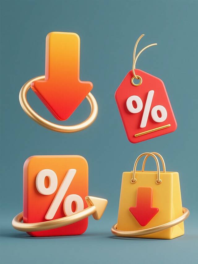 纯色背景，4个规整排布的系列素材集合，每个素材均保持3D立体渐变质感风格，主色调为橙黄色到红色的渐变，搭配金色曲线元素，统一展现降价促销主题。第一个元素：橙色渐变向下箭头位于金色波浪曲线上方，箭头底部接触曲线；第二个元素：红色渐变价格标签，标签上有白色向下箭头符号，底部连接金色直线；第三个元素：橙红色渐变百分比符号“%”，符号右侧有金色向下箭头；第四个元素：黄色渐变购物袋图标，袋口处有红色向下箭头，下方装饰金色曲线。所有元素光影统一，高光位于顶部边缘，阴影柔和，整体构图平衡，色彩和谐，突出降价促销氛围。