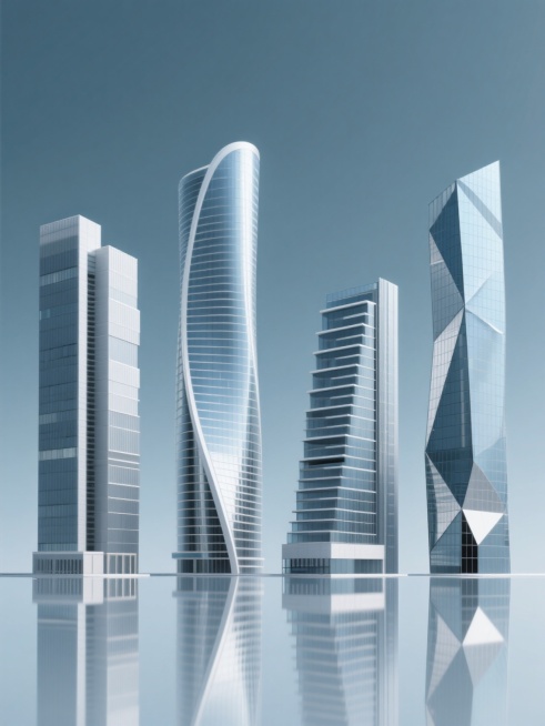 一组现代城市建筑群的系列素材集合，采用简约的3D立体风格，建筑表面呈现光滑的金属与玻璃质感，具有清晰的结构线条和几何轮廓，整体画面干净利落，带有精确的倒影效果。将这些建筑重新设计为4个完全不同形状的独特摩天楼，每个建筑都保持现代都市的设计语言但形态各异，包括流线型曲面建筑、棱角分明的几何块状建筑、层叠上升的阶梯式建筑和带有不规则切割面的玻璃幕墙建筑，所有建筑规整地横向排布在纯色背景上，保持原有……预览效果