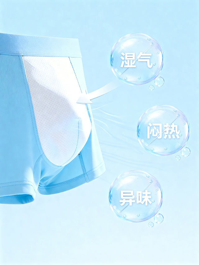 调整：将左侧内裤产品整体下移，留出上方位置放标题，把透气发光线条换成箭头效果，去掉右侧所有原文字；在右侧添加三个大气泡，气泡内分别是“湿气”“闷热”“异味”文字，每个文字都添加斜删除线，周围添加小气泡增加氛围感；将背景整体换成浅蓝色，添加随意的线条，营造透气换气的感觉。保留原内裤产品主体。