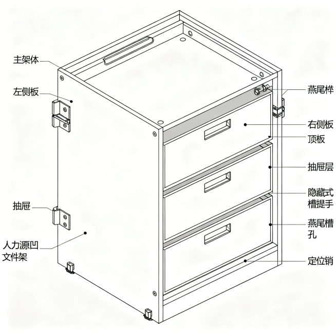 一个模块化抽屉式人力资源用文件架单元的立体结构示意图，包含主架体，主架体有左侧板、右侧板、顶板、底板，内部有三个抽屉层，每个抽屉层安装抽屉，顶板有隐藏式凹槽提手，左侧板有燕尾槽，右侧板有燕尾榫，顶板有预览效果