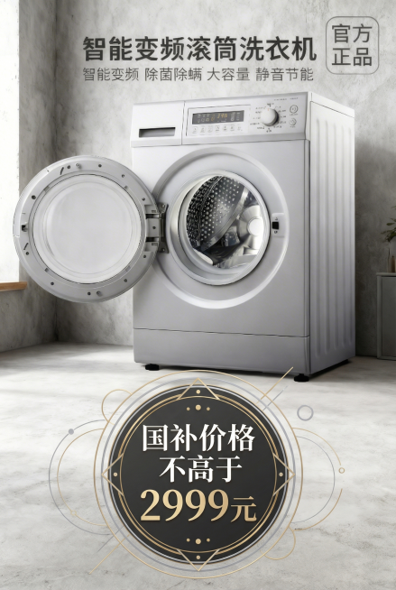 基于这张洗衣机海报继续优化，在国补信息区域增加醒目文字'价格不高于2999元'，将价格框升级为高端圆形设计，增加简约轻奢几何圆形和线条点缀装饰，优化整体排版，提升高级质感，让整体设计更大气上档次，更吸预览效果