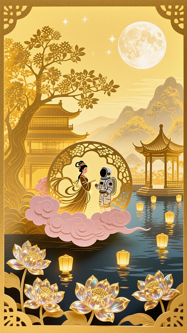 国潮风插画，鎏金剪纸质感，嫦娥与宇航员在月下相会，梦幻浪漫，科技与传统交融，中秋佳节唯美意境。