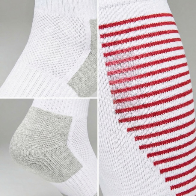 长筒运动袜细节特写图，分别特写透气网眼结构、脚跟防滑面料、侧边红色条纹细节，清晰展示材质工艺，浅灰色背景，1:1比例，专业产品摄影风格预览效果