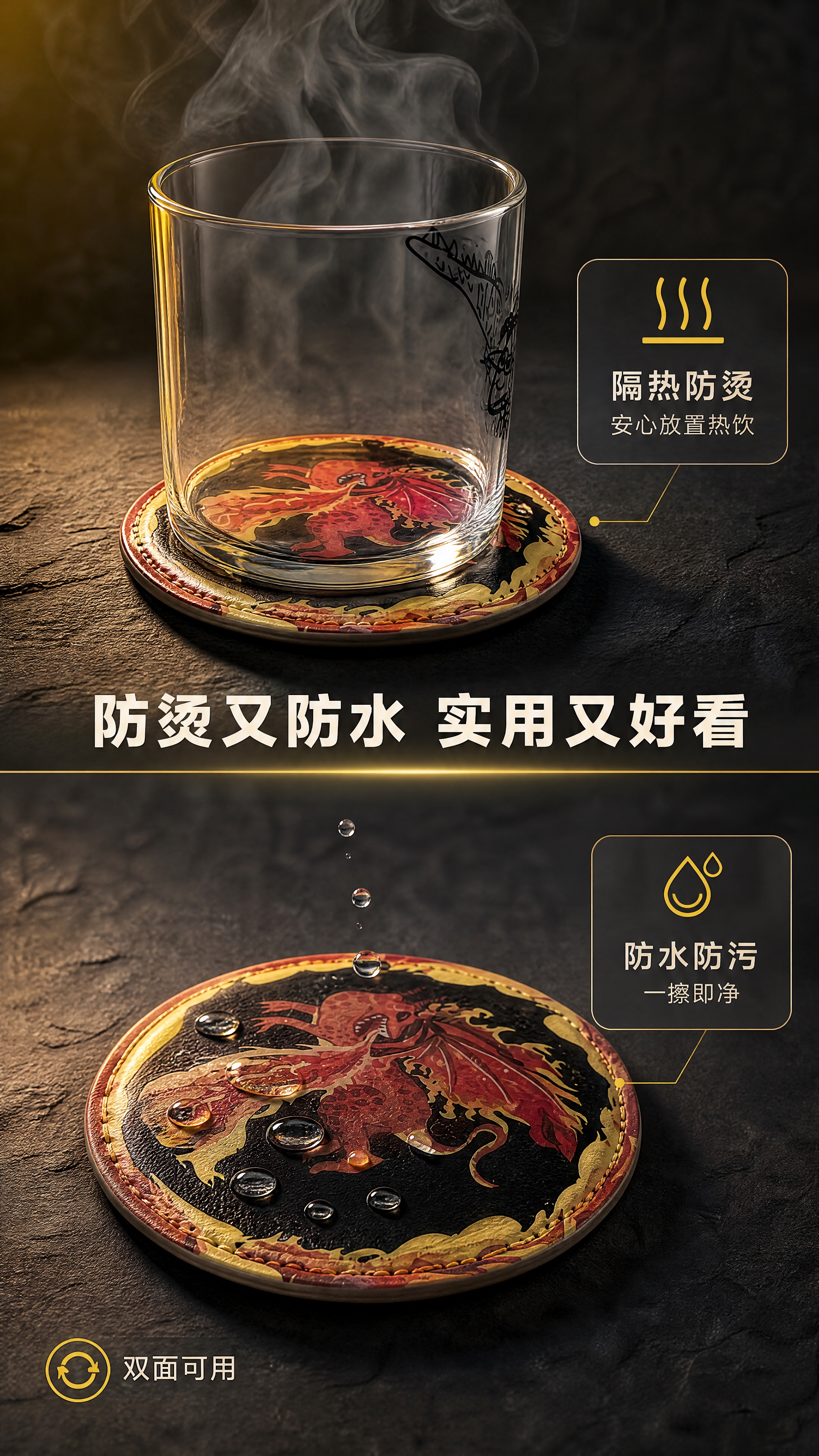 [商品] 使用【图5】火焰龙图案款皮革杯垫+玻璃杯组合；保留杯… - 图片创意预览