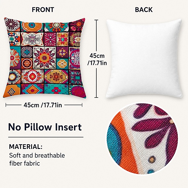 Split layout, left: front-side boho printed pillow cover, right: plain white back of pillow cover, vertical dimension text "45cm /17.71in", horizontal dimension text "45cm /17.71in", bottom text "No Pillow Insert, MATERIAL: Soft and breathable fiber fabric", circular macro fabric close-up on bottom-right corner, clean infographic, text on picture