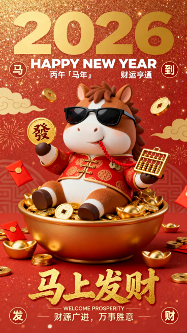 3D 卡通风格马年春节海报，暖红底带细腻金粉星光纹理，点缀浅金祥云与烟花暗纹，整体质感饱满喜庆。主体是圆滚滚的棕白 Q 版小马，戴黑框墨镜、穿红底金纹盘扣唐装，坐在满溢金元宝的聚宝盆里，前爪举着烫金预览效果