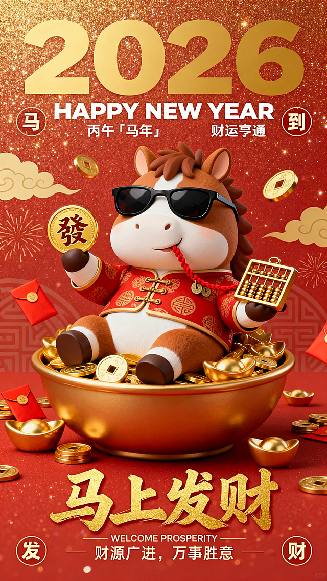 3D 卡通风格马年春节海报，暖红底带细腻金粉星光纹理，点缀浅金祥云与烟花暗纹，整体质感饱满喜庆。主体是圆滚滚的棕白 Q 版小马，戴黑框墨镜、穿红底金纹盘扣唐装，坐在满溢金元宝的聚宝盆里，前爪举着烫金 “發” 字金牌，另一只爪托着迷你金算盘，嘴角还叼着红绳串起的铜钱，周围散落烫金金币、红包与小元宝，氛围热闹又招财。文字排版：
顶部：大字号金色 “2026” + 白色英文 “HAPPY NEW YEAR”
中上：小字 “丙午「马年」” + “财运亨通”
四角圆形字：左上 “马”、右上 “到”、左下 “发”、右下 “财”
底部：大尺寸金色书法字体 “马上发财”
底部小字：英文 “WELCOME PROSPERITY” + 吉祥话 “财源广进，万事胜意”