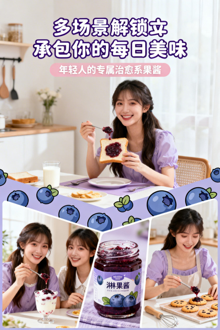 「图片1」第1屏：主视觉封面（引流屏）主标题：软萌蓝莓果酱✨ 一口解锁治愈感副标题：高果肉无添加 颜值与口感双在线排版布局：上半部分为主副标题（居中对齐，主标题深蓝莓紫加粗，副标题浅粉色，字体圆润卡通预览效果