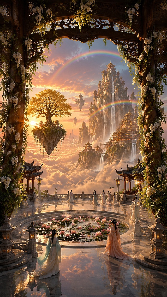 竖版9:16纵向纵深广角镜头，前景巨型镂空雕花中式木牌楼构成天然取景框，粗壮立柱缠绕层层翠绿藤蔓与白色簇状小花；画面下方是多层环形阶梯式镜面莲池露台，浅灰色抛光石材地面倒映霞光与楼阁，池中漂浮粉色荷花，轻薄白雾萦绕水面；多名身着浅青、米白、浅橙飘逸汉服的古装女子在露台缓步游览；画面左侧半空悬浮一块悬空岩石孤岛，岩顶扎根整株金黄金叶千年古树；远景整片山谷铺满蓬松厚重、被落日镀上暖橙柔光的云海，云海间矗立多座大型浮空仙山，山体布满层叠鎏金中式天宫楼阁，崖壁倾泻多条宽阔瀑布，两道完整七彩彩虹横跨云海之间，左侧天际落日晕染粉金渐变黄昏云层，空间辽阔梦幻层次丰富。
【人物刻画】数位古装女子梳温婉古风发髻，分别身着浅青、纯白、浅橘粉广袖薄纱汉服，裙摆垂坠飘逸；黄昏柔光轻柔笼罩衣料，轻纱通透褶皱细腻，人物身形小巧反衬浮空古树、云海仙山的磅礴壮阔，氛围闲适悠然。
【前景仙庭露台细节】
1. 雕花牌楼：深棕色实木巨型镂空牌楼，梁柱布满祥云木雕，立柱爬满垂坠绿植与白色花簇，天然框住远景云海仙山；
2. 莲池露台：多层环形阶梯抛光浅灰石材平台，地面镜面反光，中央浅水池生满粉荷花，水面升腾淡淡薄雾；周边排布黑瓦飞檐中式长廊、复古石雕宫灯，廊内透出暖黄灯火。
【中景浮空金树岩岛】
独立悬空陡峭岩石孤岛，岩壁覆满青苔绿植，岛上巨型古树全部叶片呈暖金色，虬曲枝干向画面横向舒展，树根裸露垂于云海之上，视觉冲击力极强。
【远景云海浮空仙山细节】
无边无际体积饱满的奶白色云海，落日将云层边缘染成暖橙金色；多座大小不一浮空山石悬浮云层之上，每座山体修建层层叠叠朱红鎏金重檐天宫建筑群，山崖垂直倾泻多条巨型白练瀑布；两道完整七彩彩虹横跨两座仙山之间，天际黄昏粉金渐变云霞，光线柔和梦幻。
【光影氛围】
黄昏日落暖橙侧逆光，落日霞光铺满云海、金叶古树与宫殿飞檐，水面镜面反射粉金柔光，冷暖光影温柔交织；主色调：深棕木牌楼、翠绿白花藤蔓、金叶古树、浅彩汉服、粉橙云海霞光、七彩彩虹；氛围恢弘治愈、缥缈浪漫，云海之上的仙门瑶池。
【渲染参数】UE5电影级渲染，8K超写实高精度细节；实木雕花肌理、汉服薄纱褶皱、金树叶纹理、水面镜面反光、瀑布水雾、蓬松云海层次、彩虹通透光晕全部精细刻画；无畸形人体，清除画面文字水印logo，无现代物品、无西式建筑、无刺眼霓虹灯光。