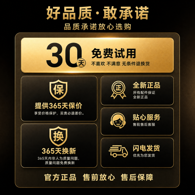 [单张主图] 售后品质承诺服务主图，爆款促销感主图，突出服务优势转化。
[参考比对] 参考原图为中心分区服务承诺信息图，原构图为：顶部大标题区、中间通栏蓝色大数字卖点、下方两列宫格展示六项服务承诺、底预览效果