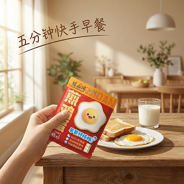 [垫图] https://gdesign-dam-hz.dancf.com/35942307495007390/38e515bcc2cf428c99fc3d1b2e866a75.jpg 即食煎鸡蛋早餐场景主图，生活氛围感，第一人称视角，自然清晨阳光透过玻璃窗洒在餐桌上，一只手（亚洲女性手）拿着产品包装准备拆开，旁边盘子里放着搭配好的早餐：煎鸡蛋搭配面包片和牛奶，整体画面自然生动，捕捉真实食用瞬间，背景为温馨干净的北欧风餐厅，主色调暖米色，浅景深虚化背景突出产品，主标题“五分钟快手早餐”，棕色手写字体悬浮画面左上角，不遮挡产品主体，2k分辨率