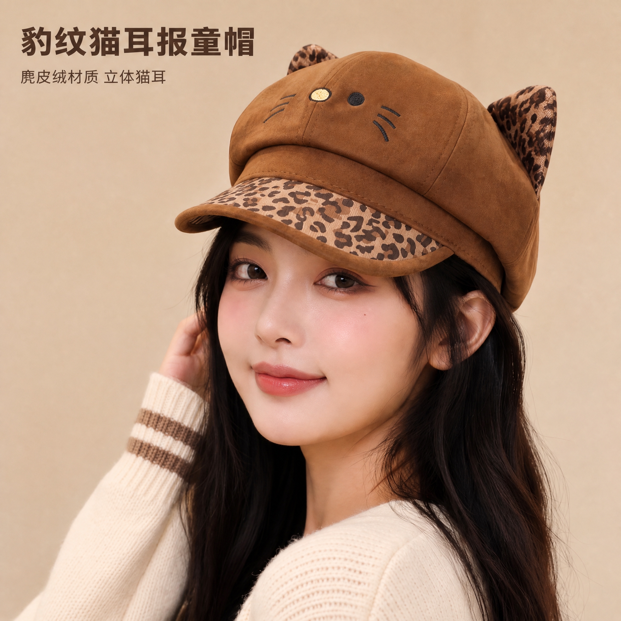 [主图-1] 豹纹猫耳麂皮绒报童帽 正面上头效果展示，突出帽型… - 图片创意预览