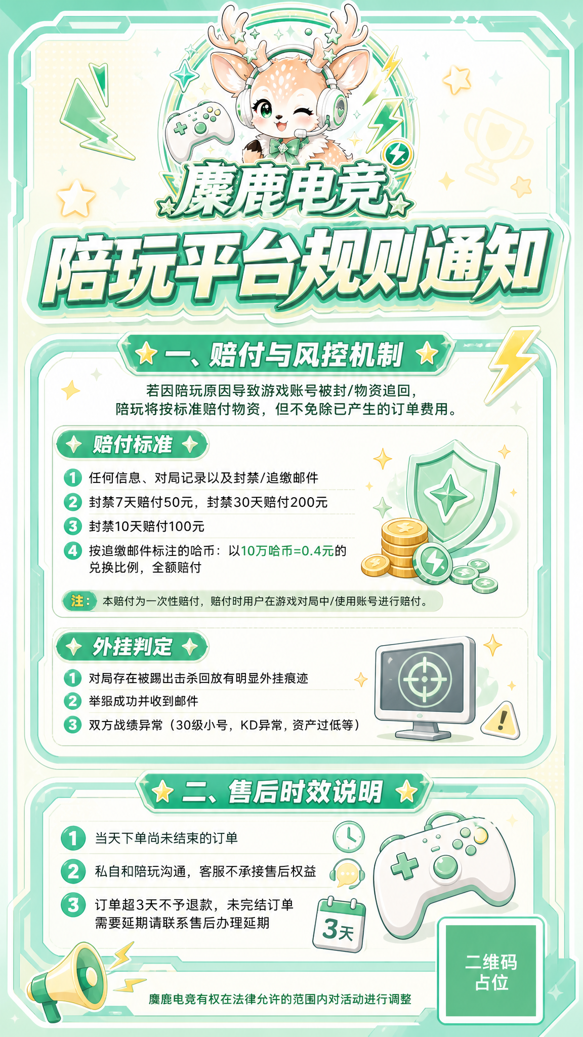一张竖版9:16的电竞陪玩平台规则通知海报，整体风格为Q版卡通… - 图片创意预览