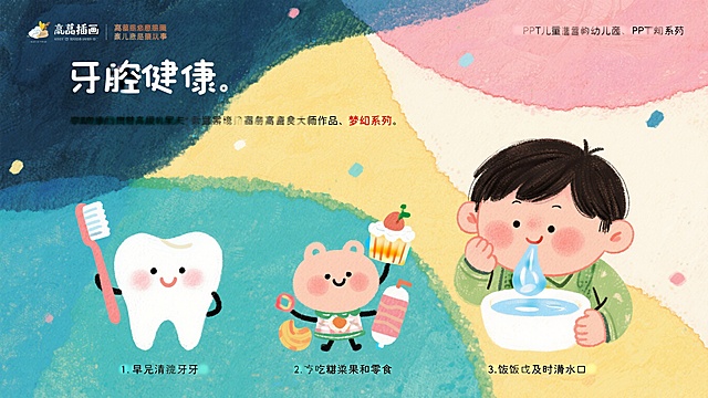 PPT内页，护牙好习惯：1.早晚认真刷牙 2.少吃甜食和零食 3.饭后及时漱口，搭配三个对应好习惯的可爱卡通图标，清新绘本风格，排版简洁，适合幼儿园儿童