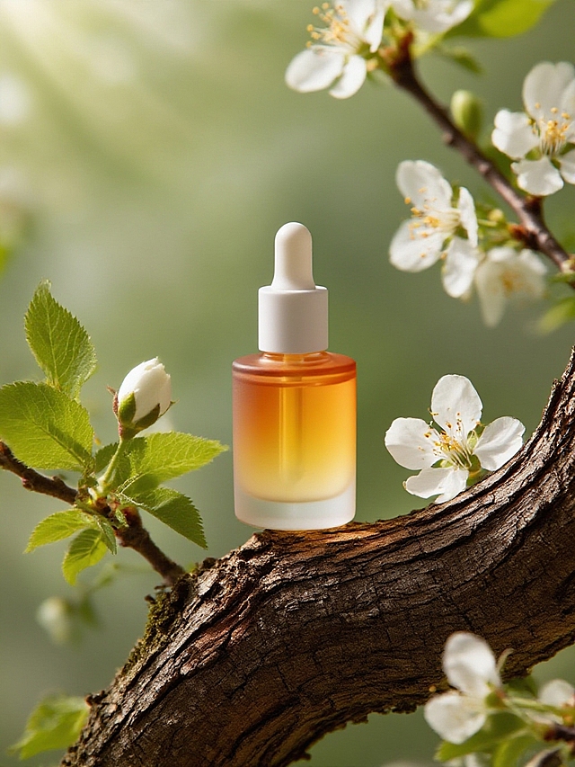 主体放置在树干上，左侧，有一个绿叶的花枝，右侧，有两个盛开的白色花朵，树干上还散落着一朵白花，背景为朦胧的绿色调，自然光线