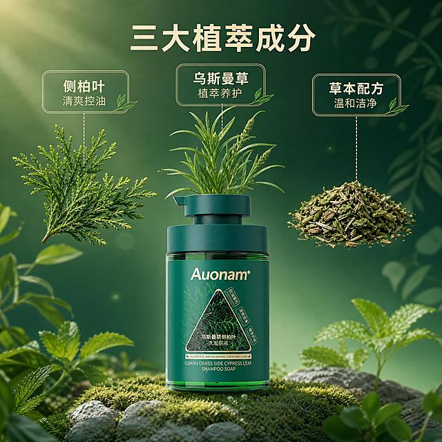 [主图-2] 核心成分解析，植萃成分可视化展示。
[统一基调] 整体风格为高级植萃天然感，背景主色为深森林绿渐变至浅薄荷绿，标题字色为米白色，辅助字色为浅金色，强调色为翠绿色；字体为干净无衬线体，字号层级分明；卡片和图标采用细线描边+半透明绿底样式。
[画面] 产品瓶身位于画面下方居中，占画面约40%，正面完整展示，外观与输入图一致。产品上方悬浮三种核心成分原料：左侧是新鲜侧柏叶枝条，叶片细密翠绿；中间是乌斯曼草植物，带细长叶片；右侧是一小堆草本植物碎末。三种成分用细线引出，分别连接到对应的成分说明卡片。背景有淡淡的植物纹理和光斑效果，营造自然纯净氛围。
[光影质感] 商业摄影质感，柔和自然光，成分原料真实有质感，叶片有通透感，产品光影与环境融合自然，3D渲染质感。
[配色] 主背景深绿渐变，成分植物翠绿色，产品深绿色，文字米白+浅金，整体色调统一。
[文字版式] 画面上方主标题大字米白色："三大植萃成分"。三个成分说明卡片分别悬浮在对应原料旁边，卡片为半透明深绿底+浅金细线边框，卡片内文字：第一张"侧柏叶 清爽控油"，第二张"乌斯曼草 植萃养护"，第三张"草本配方 温和洁净"。文字均为无衬线体，标题稍大，说明文字稍小。
[输出要求] 1:1正方形比例，2048*2048，文字清晰可读，产品清晰不变形，成分真实自然，无水印无平台Logo。负向：成分变形、产品色差、文字模糊、夸张功效宣传、医疗暗示、绝对化用词。