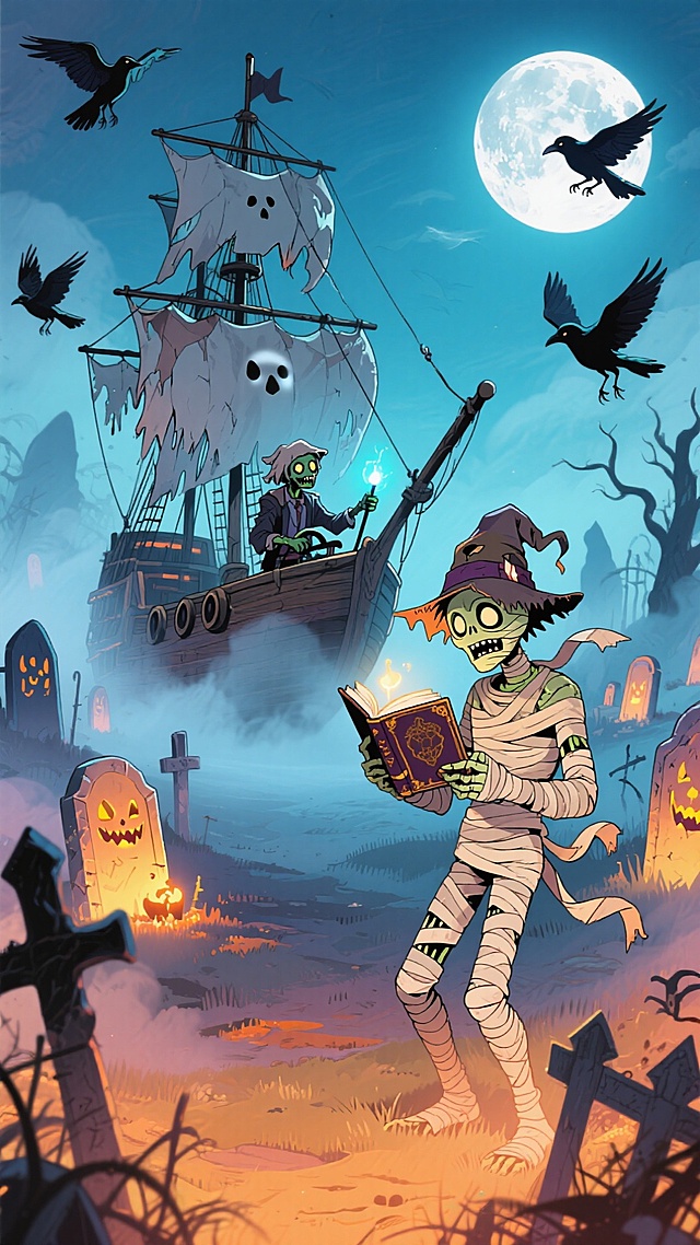 哥特风格与卡通感融合的万圣节插画，拟人化的木乃伊巫师在墓地诵读魔法书，背景幽灵船与满月营造神秘惊悚氛围，油画质感与噪点风增强故事感。