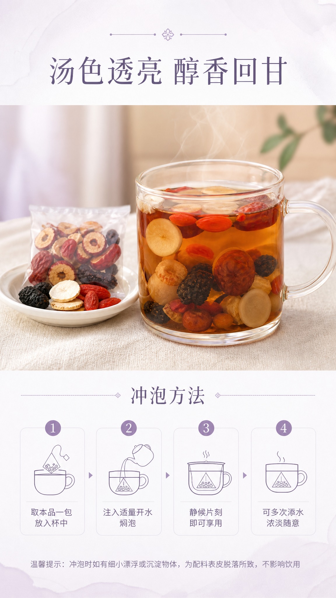 [商品] 使用产品图西洋参桑椹枸杞茶冲泡后的真实形态：透明玻璃… - 图片创意预览