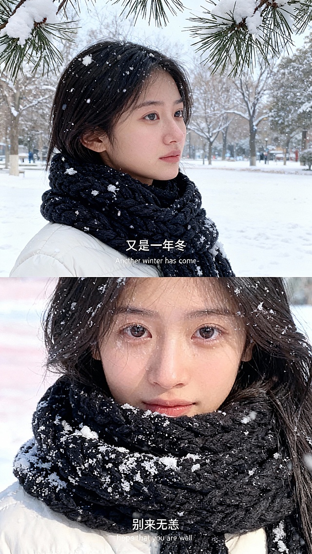 雪落松枝间，双色胶片风定格冬日静谧。毛发生长感与光影交织，清透文艺中透出柔和温暖，实景感十足的唯美冬景。