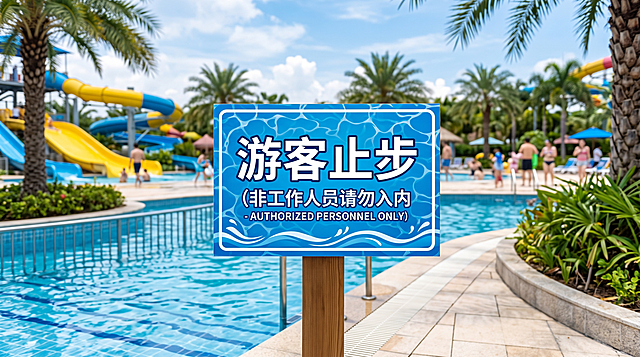 制作泳池水上乐园温馨提示标识牌，画面中包含醒目的文字“游客止步”，风格简约清晰，蓝色水波纹背景搭配白色醒目文字，比例16:9，适合作为标识牌使用