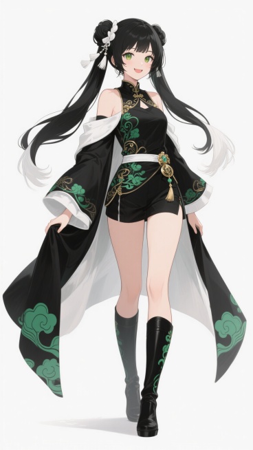 二次元动漫风格立绘，白色背景，一位身着精致服饰的少女角色。她拥有黑色长发，发尾带有白色挑染，扎着双马尾，发饰为白色流苏。少女面容甜美，眼睛明亮有神，嘴角上扬带着微笑。服饰主体为黑色，点缀着绿色花纹和金色装饰，上衣为露肩设计，搭配黑色短裤和长筒靴，靴子上有绿色云纹图案，腰间系有白色腰带并挂着金色配饰，披着一件黑色长披风，披风边缘有白色装饰。角色变换为双手自然下垂，双腿并拢微微屈膝，身体微微侧向一……预览效果