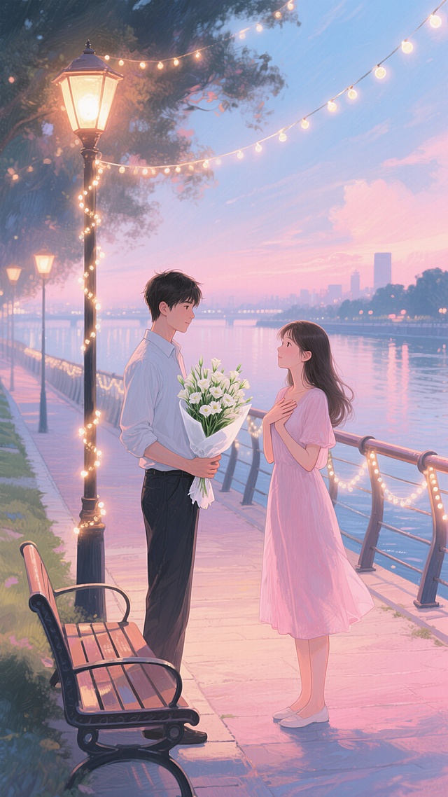 插画风情侣在湖畔相望，手捧鲜花，梦幻浪漫，清新氛围，灯光点缀，尽显温馨。