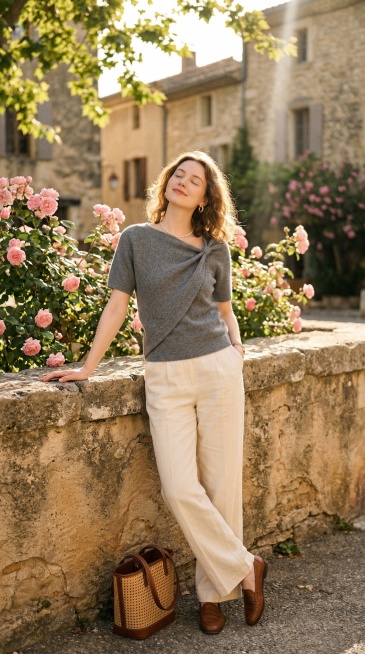 专业胶片人像摄影，法式慵懒氛围感大片，全身人像，24岁左右温柔慵懒的法式长相女生，鹅蛋脸，清透元气淡妆，浅棕色慵懒羊毛卷中长发，眉眼温柔，自带松弛的度假氛围感；上身穿着灰色设计感扭结短袖针织衫（保留针预览效果