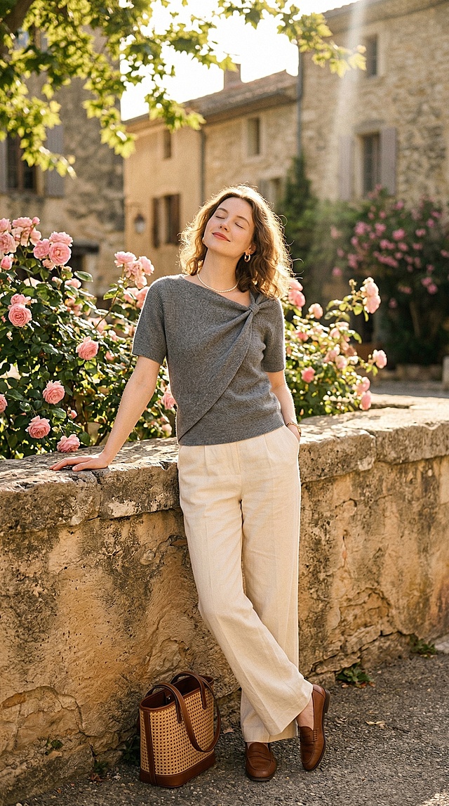 专业胶片人像摄影，法式慵懒氛围感大片，全身人像，24岁左右温柔慵懒的法式长相女生，鹅蛋脸，清透元气淡妆，浅棕色慵懒羊毛卷中长发，眉眼温柔，自带松弛的度假氛围感；上身穿着灰色设计感扭结短袖针织衫（保留针织肌理与软糯质感），下身搭配高腰米白色亚麻阔腿长裤，脚踩棕色复古乐福鞋，配饰为金色细圈耳环、细款珍珠锁骨链，身侧放着棕色藤编手提包；模特动作：斜靠在南法小镇爬满蔷薇的石墙旁，一只手搭在石墙边缘，另一只手随意插在裤兜，头微微扬起闭着眼感受阳光，嘴角带浅笑，姿态慵懒放松；场景：春日午后的南法小镇，暖金色落日柔光，米白色石砌墙面爬满粉色蔷薇花，街边梧桐树荫洒落，丁达尔光效，柔和侧逆光，发丝发光，复古柯达胶片颗粒感，暖调清新治愈质感，韩系法式画报质感