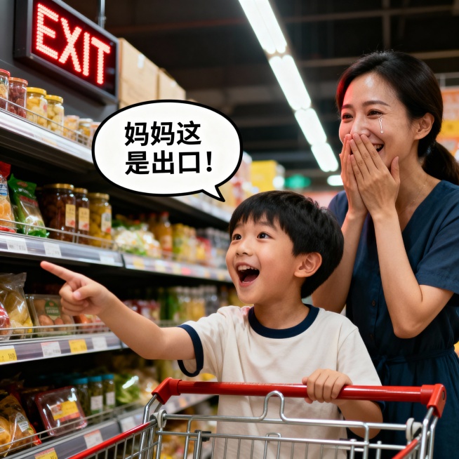 ​ 超市实拍——男孩兴奋指着"EXIT"灯牌（对话框："妈妈这是出口！"），妈妈捂嘴笑（眼角有泪光）预览效果
