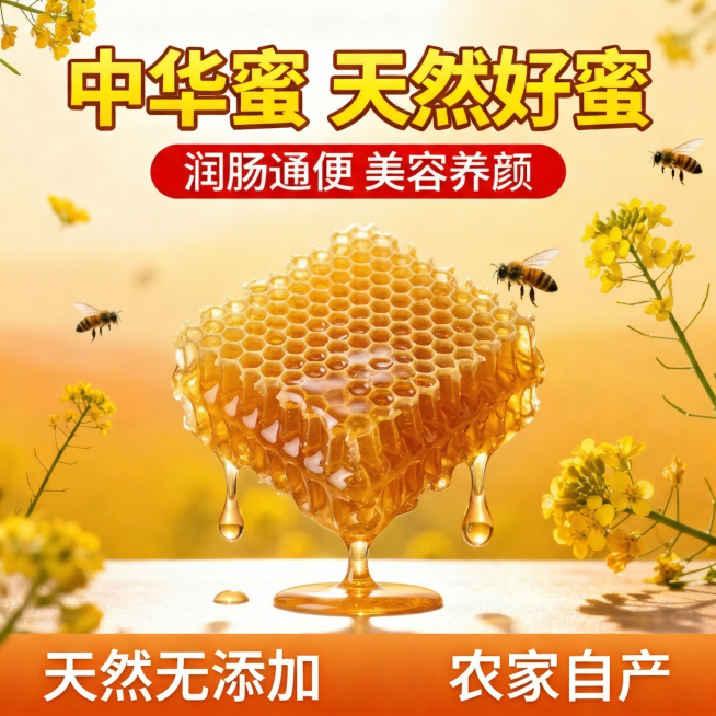 中华蜜电商主图，顶部核心信息区用黄色粗体大字“中华蜜 天然好蜜”，下方红色圆角标签内写“润肠通便 美容养颜”。中部主体替换为天然蜂巢与流动蜂蜜：一块金黄饱满的蜂巢置于画面中央，表面有晶莹蜂蜜缓缓滴落，预览效果