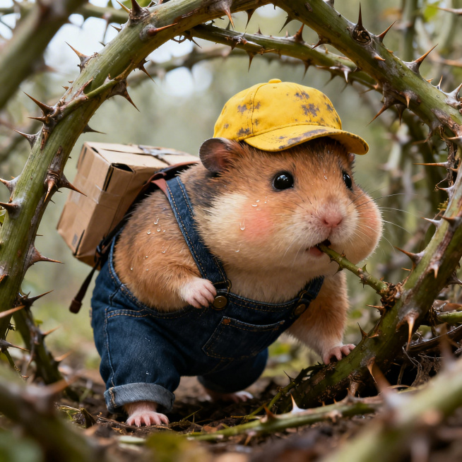 角色描述： 一只拟人化的圆润小仓鼠，穿着合身的深蓝色牛仔背带裤，戴着顶有些褪色的黄色小帽，脸颊鼓鼓的，眼神坚毅中带着一丝稚气，拥有短小的四肢。送快递的途中，小仓鼠遇到了一片巨大的荆棘林。它脱下小黄帽用预览效果