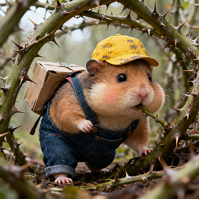 角色描述： 一只拟人化的圆润小仓鼠，穿着合身的深蓝色牛仔背带裤，戴着顶有些褪色的黄色小帽，脸颊鼓鼓的，眼神坚毅中带着一丝稚气，拥有短小的四肢。送快递的途中，小仓鼠遇到了一片巨大的荆棘林。它脱下小黄帽用来保护头部，正小心翼翼地弯腰从巨大的刺藤下钻过去。背包的带子松了一根，它用嘴巴紧紧咬着，显得非常机智和努力。氛围： 紧张但充满希望、光影斑驳、特写镜头。关键词： close-up, overcoming obstacles, thorns, adventure, sweat on fur, depth of field.