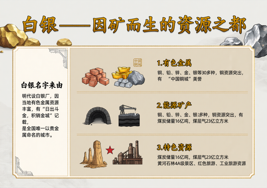 A4横板板报，顶部标题为“白银——因矿而生的资源之都”，左侧板块介绍白银名字来由：明代设白银厂，因当地有色金属资源丰富，有“日出斗金，积销金城”记载，是全国唯一以贵金属命名的城市；右侧板块分三部分展示预览效果