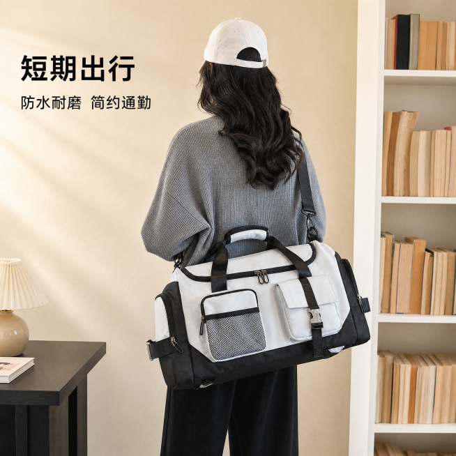 [主图-1] 旅行包模特背带展示首图。[氛围风格] 简约时尚，室内休闲场景；[画质] 商业摄影质感、光线柔和通透、产品清晰真实、画面干净高级。[元素] 年轻女生背黑白拼色旅行包，保持旅行包外观（物理结预览效果