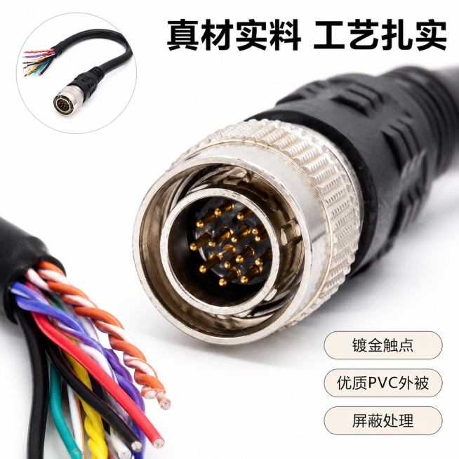 [主图-3] 广濑12芯信号线材质工艺细节特写；
[氛围风格] 专业细节展示，突出材质质感；
[画质] 商业摄影微距特写，纹理清晰，细节丰富，画面干净高级；
[元素] 画面主体为插头触点和线芯的微距特预览效果