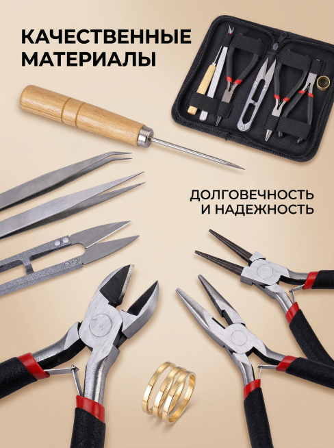 基于参考图中的工具套装，生成Ozon俄罗斯跨境电商细节图，9:12竖版比例，纯电商风格，产品特写布局，严格还原工具套装实物细节：黑色牛津包绒衬、亮银色碳钢工具、光滑原木手柄、钳子黑红防滑橡胶圈、金色顶预览效果