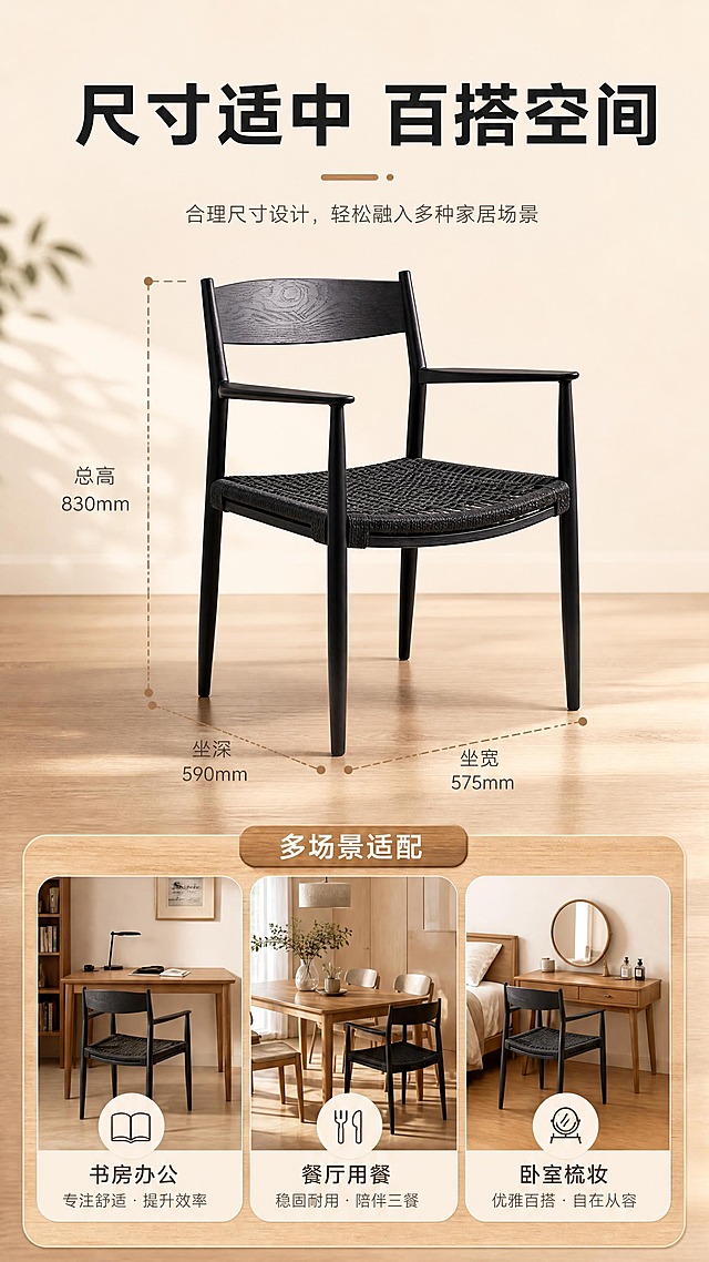 [商品] 使用【图1】DY-8817D书桌椅；保留椅子整体造型与比例；商品处理：保持椅子原貌，用于尺寸标注与场景适配展示。
[画面] 目标：空间尺度与多场景适配说明。上文下景构图，顶部约1/5为标题区，中间为椅子正视图+尺寸标注线（约占画面45%），底部为三个小场景图标（书房/餐厅/卧室）。背景为浅暖米色，简洁干净。
[视觉] 套系策略：风格=北欧极简自然商业摄影；标题字=现代无衬线粗体；正文字=简洁无衬线体；主色=炭黑+原木暖棕；背景延展=基于暖木色做深浅层级、同色渐变和细腻木纹/纸张质感；强调色=暖米白，仅用于小面积图标、引线和标签；标题色=深炭黑；正文色=中暖灰；组件=圆角浅底信息卡、细线引线、木质纹理装饰条；光影=左前侧暖柔光，自然窗影。
[文字] 顶部主标题「尺寸适中 百搭空间」（8字）；中间椅子周围用虚线+数字标注：总高830mm、坐宽575mm、坐深590mm；底部三个场景图标配文字：「书房办公」「餐厅用餐」「卧室梳妆」，说明多场景适配。文字清晰可读，不遮挡椅子。
[规格] 图片比例9:16竖版，4K，负向提示：避免变形、错字、文字过小、冷蓝/蓝灰背景、椅子颜色改变、结构失真、极限词、水印、二维码。