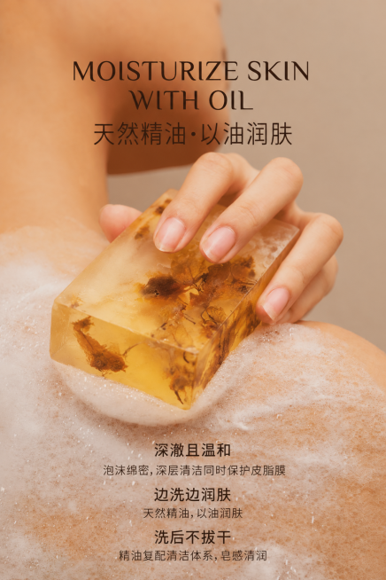 参考这张手工精油皂海报的风格，用新的透明干花皂替换原图中的棕皂，保留一只手拿着肥皂在带泡沫的身体上清洁的场景，保留所有文案：MOISTURIZE SKIN WITH OIL 天然精油·以油润肤 深澈且预览效果