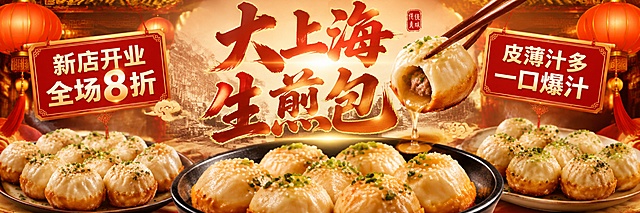 外卖平台海报横幅设计，超宽横版构图。画面展示上海生煎包美食盛宴，多盘金黄酥脆的生煎包，撒着白芝麻和翠绿葱花，热气腾腾，汤汁诱人。中间位置是醒目的书法大字"大上海生煎包"，红色与金色渐变字体。背景为暖色调，点缀中式传统纹样和灯笼元素。左右两侧有促销信息"新店开业 全场8折"和"皮薄汁多 一口爆汁"，整体风格喜庆热闹、食欲感强、高清美食摄影风格