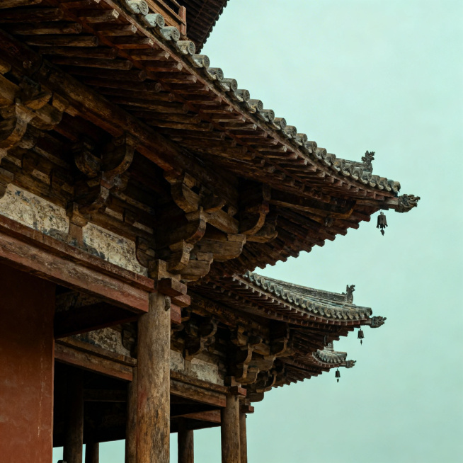 山西著名历史文化建筑，融合五台山佛光寺东大殿和应县木塔特点，展现中国古典木结构建筑之美，斗拱飞檐，庄重大气，写实风格，低饱和度青灰色调，干净背景，突出古建筑结构细节预览效果