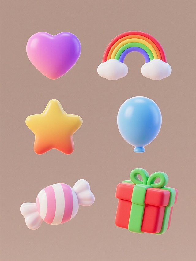 纯色背景上，六个软3D风格图标规整排布组成系列素材集合，每个图标保持圆润边缘和柔和渐变色彩，呈现细腻光泽感与轻微立体凸起效果。从左到右、从上到下依次为：粉紫色渐变爱心图标，黄色渐变五角星图标，红橙黄绿蓝紫渐变彩虹图标，蓝白渐变气球图标，粉白渐变糖果图标，红绿渐变礼物盒图标，整体画面色彩明快柔和，视觉风格统一且富有层次感。