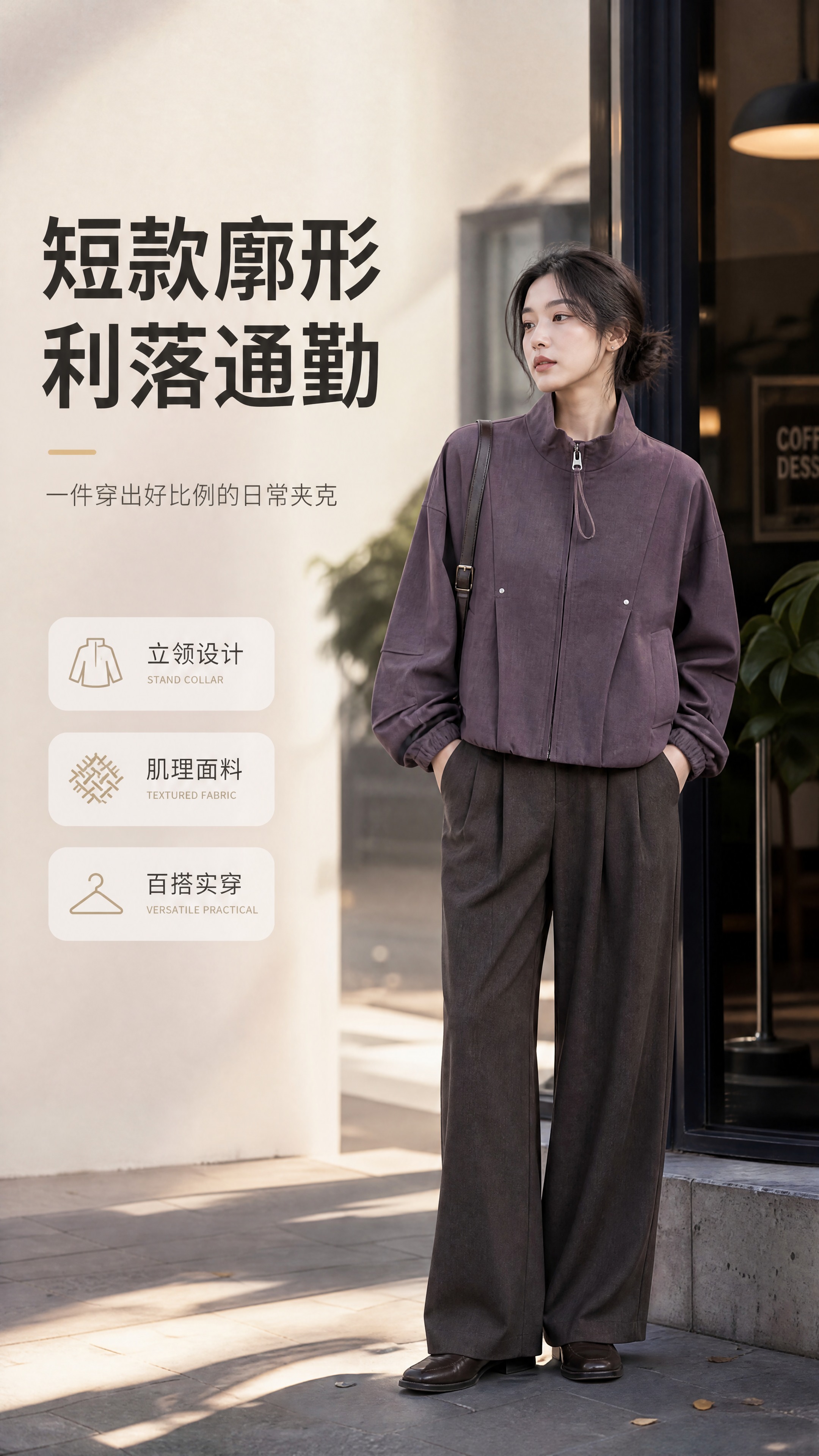 [商品] 使用【图1】暗紫色立领短款廓形夹克；商品处理：保留立… - 图片创意预览