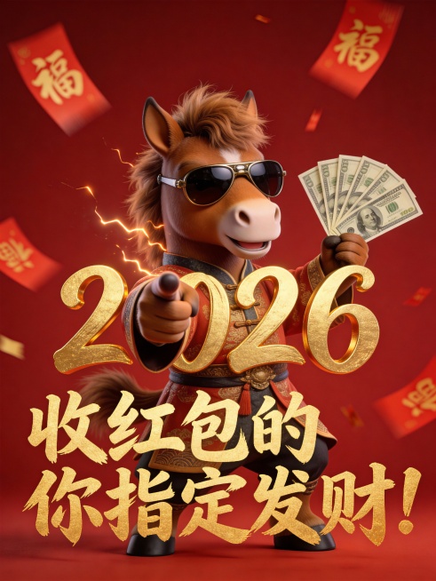 莫比斯风格、Q萌的拟人棕色小马，身穿唐装，戴哈雷墨镜。一蹄自信指向镜头，另一蹄轻松拿着扇形百元美钞，周身散发细微电流。毛发蓬松，质感高级。 背景为简洁的深红纯色，空中飘落动感模糊的“福”字红包雨，增添预览效果