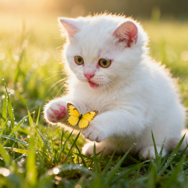 一只可爱的小猫，毛茸茸的，在春日的草地上玩耍，阳光温暖，画面清新自然预览效果